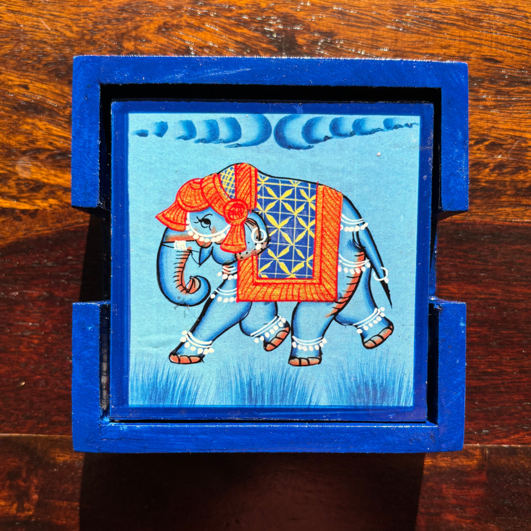 Wooden Hand painted Tea Coaster | Elephant | Blue