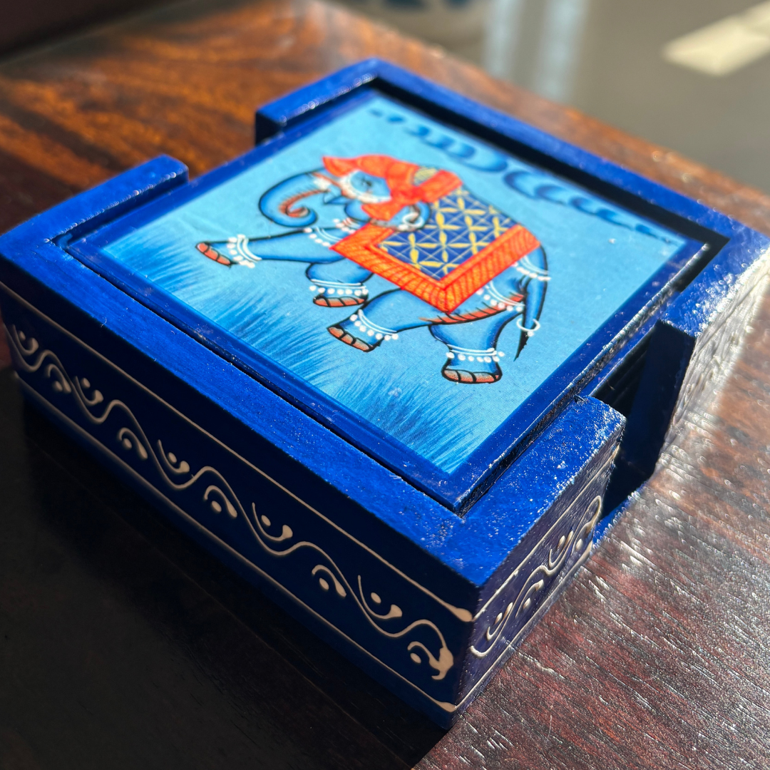 Wooden Hand painted Tea Coaster | Elephant | Blue