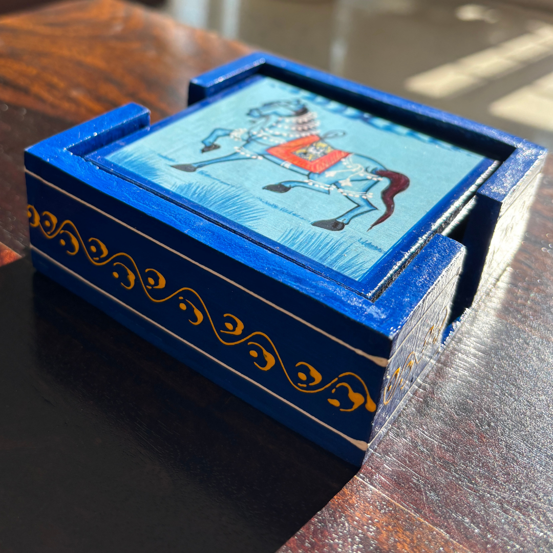 Wooden Hand painted Tea Coaster | Horse | Blue