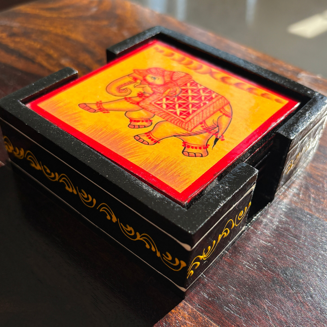 Wooden Hand painted Tea Coaster | Elephant| Yellow