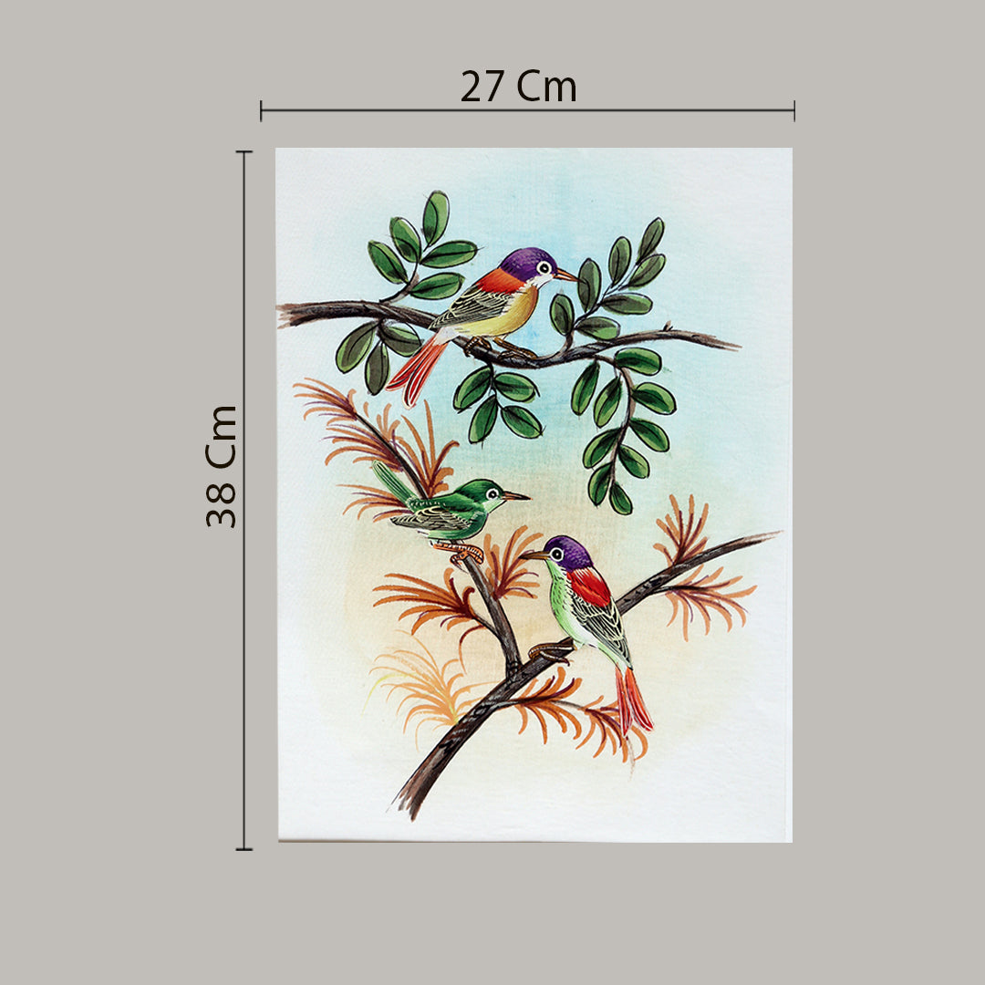 Bird painting three colorful birds white border white background