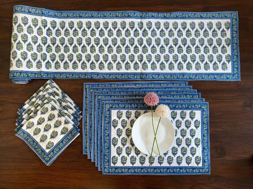 Placemats Set Hand Block Print, Unique Dining Table Mats, Place Mats, Set Of 6 Canvas Tablemats & 6 Cotton top Napkin's + 1 Table Runner