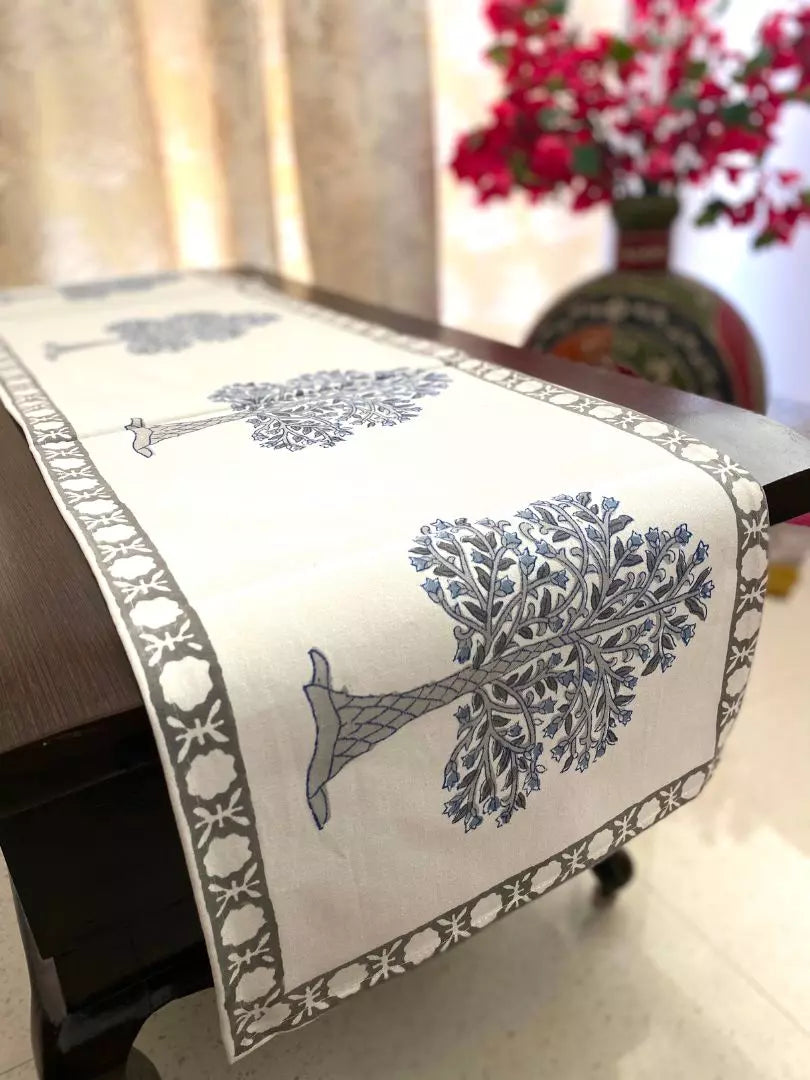 Hand blockprinted table runner Grey Tree design