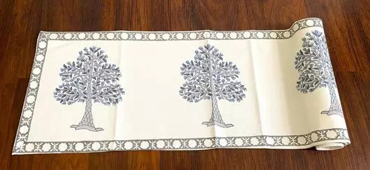 Hand blockprinted table runner Grey Tree design Supplier