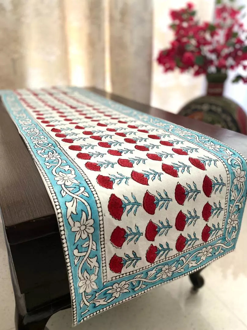 Hand blockprinted table runner Red Floral design