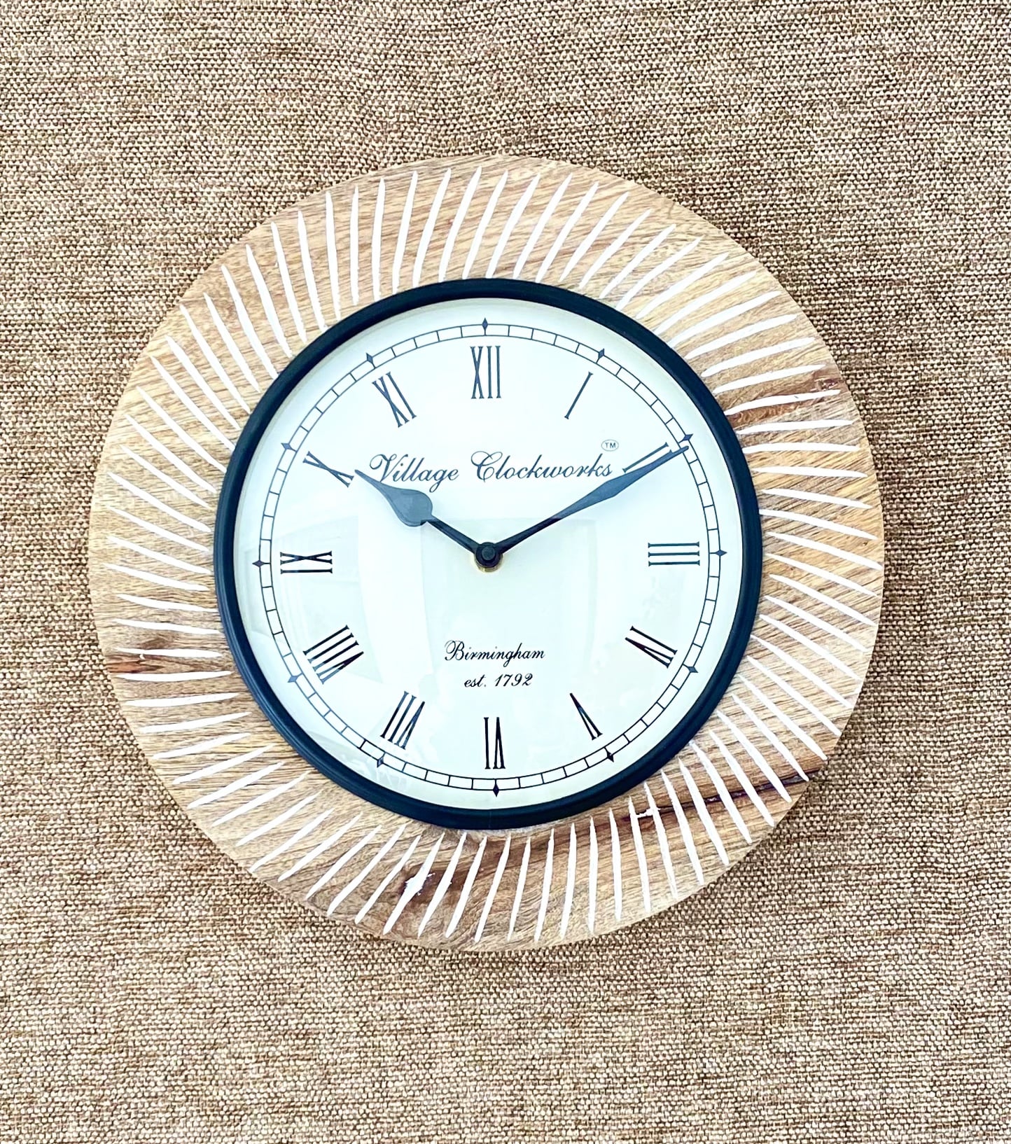 Handcrafted Carved Wooden Wall Clock - Natural wood color