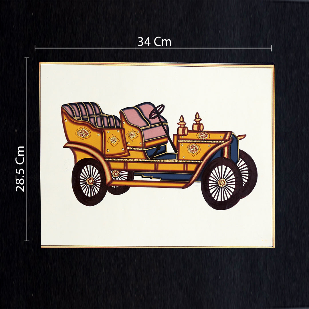 Rajasthani Miniature Handmade Painting | Vintage car | Black border | White background