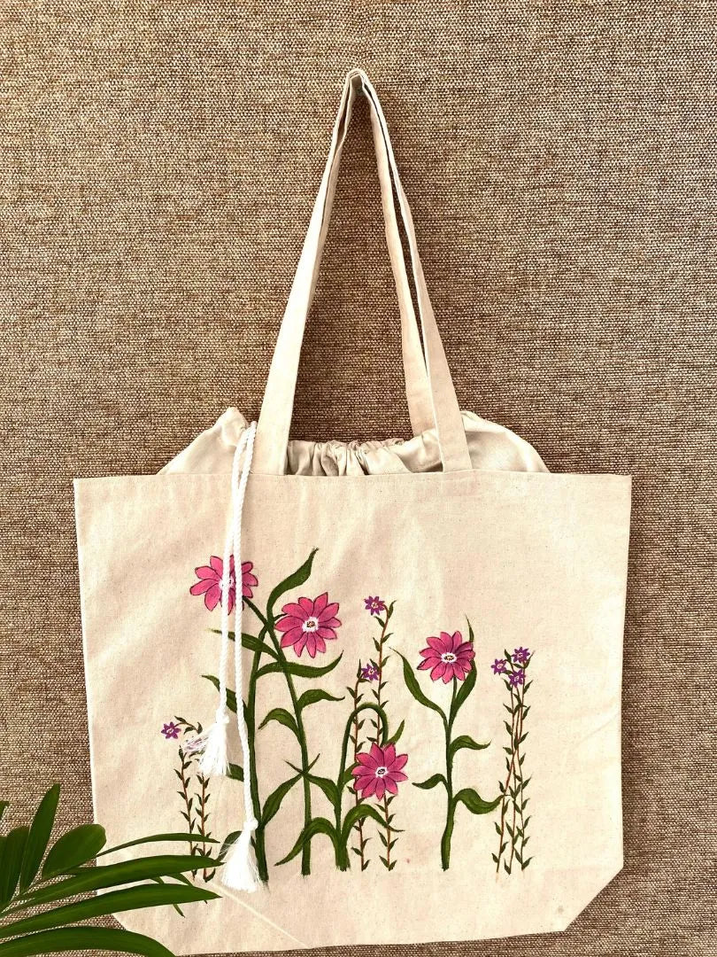 Handpainted balloon tote bag- Floral design