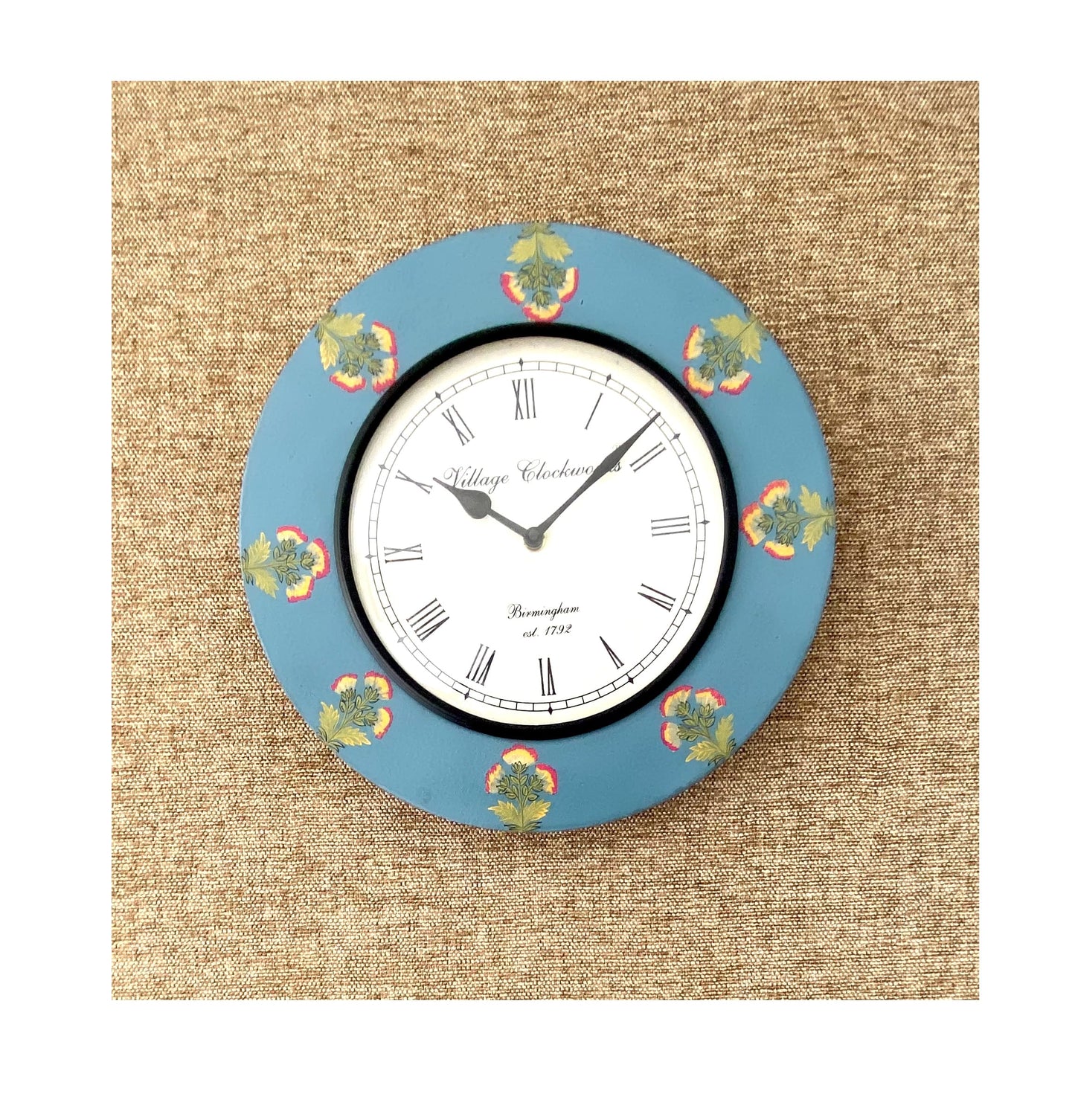 Handpainted Antique look Wooden Wall Clock - Rustic Blue