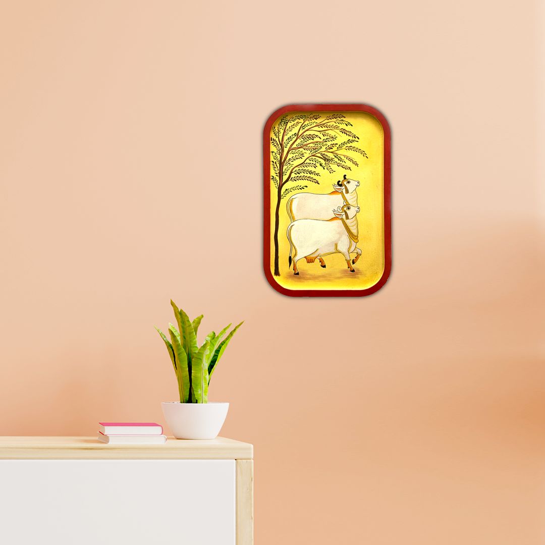 Handpainted Wall Plate Rectangular Pichwai painting Kamdhenu under a tree