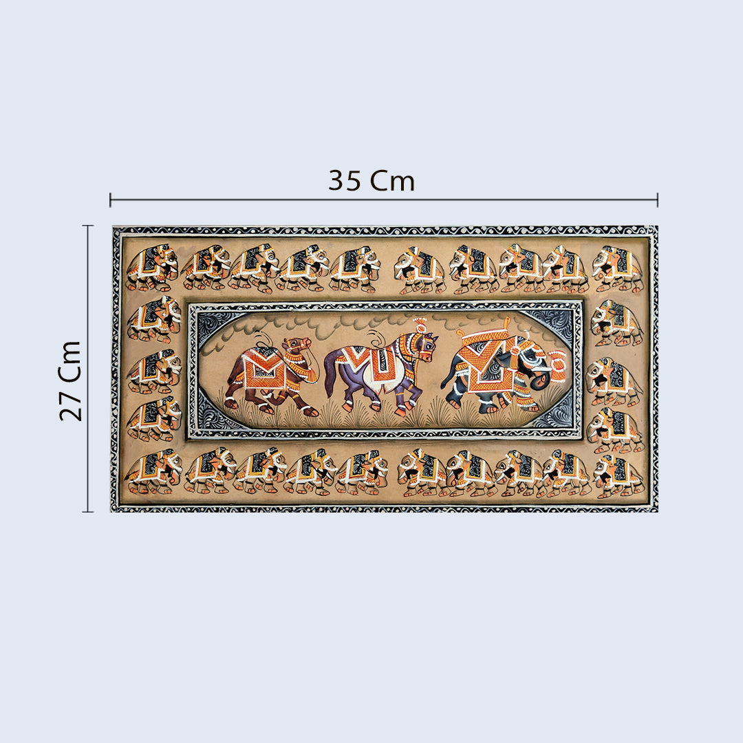 Miniature painting elephant camel horse right facing white border brown background