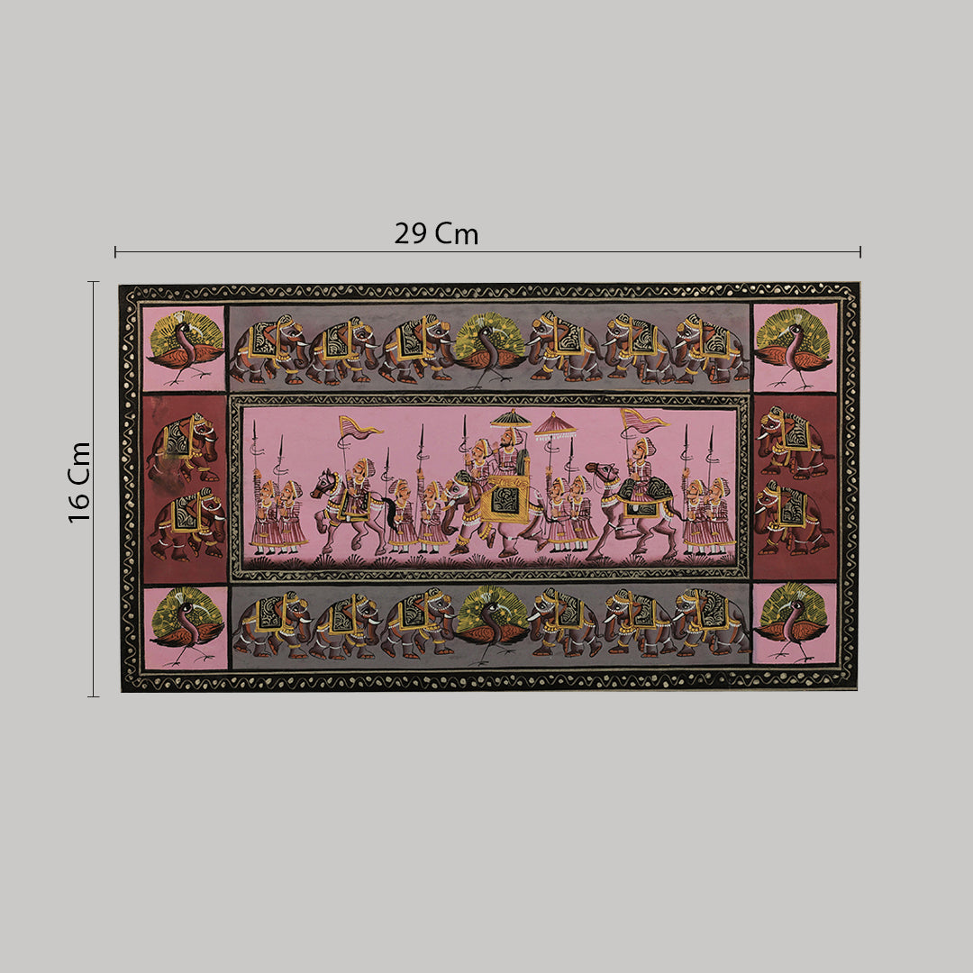Hand painted Rajasthani Miniature art royal procession pink background