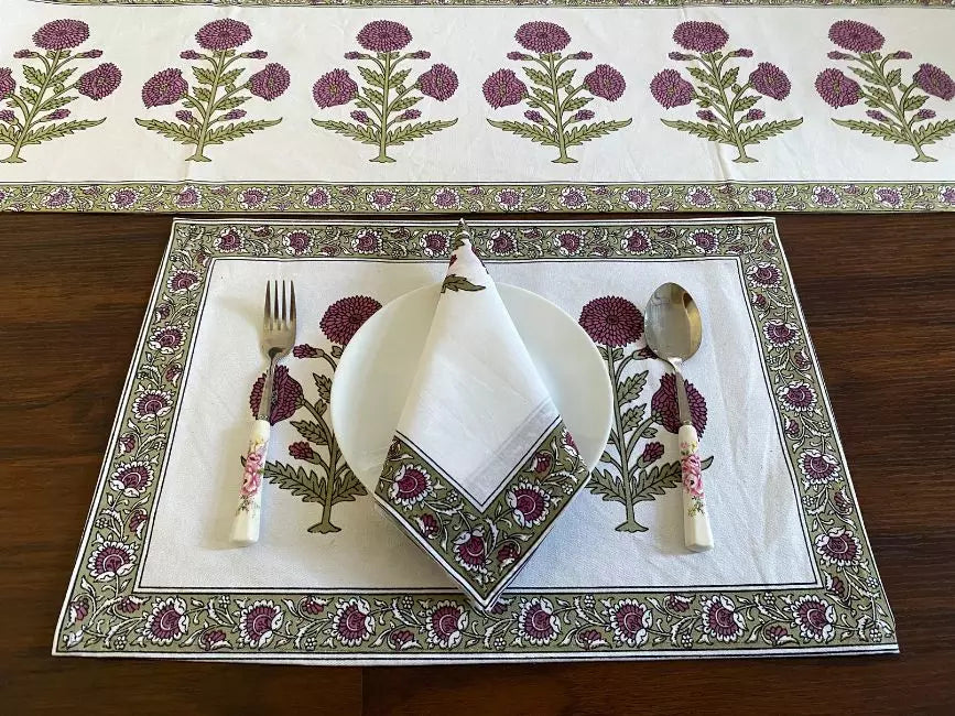 Hand Blockprinted Dining mats Napkin Runner set (set of 4)