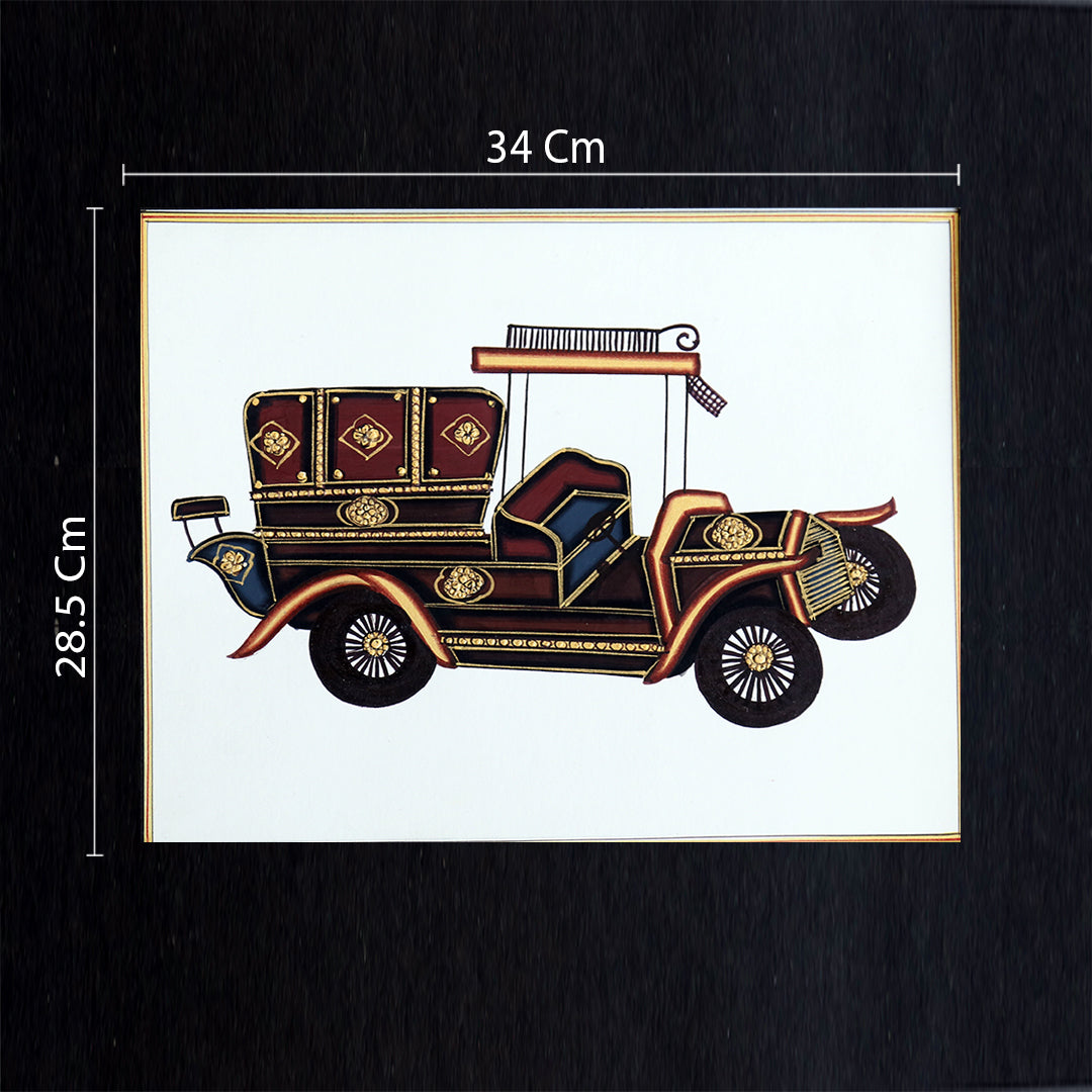 Rajasthani Miniature Handmade Painting | Vintage car | Black border | White background