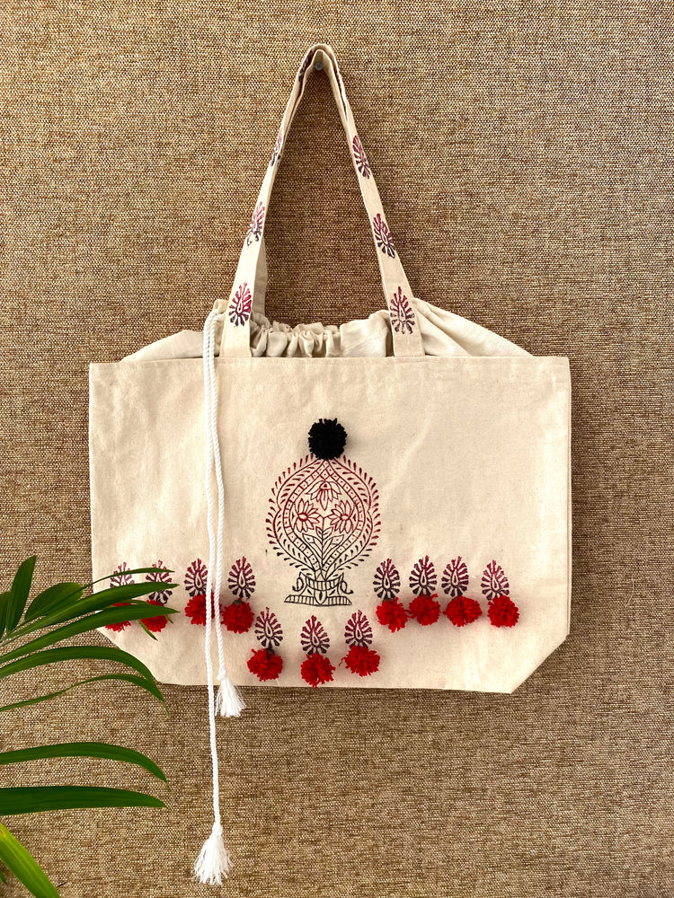 Handpainted Balloon Tote Bag- Blockprint with Pom Pom