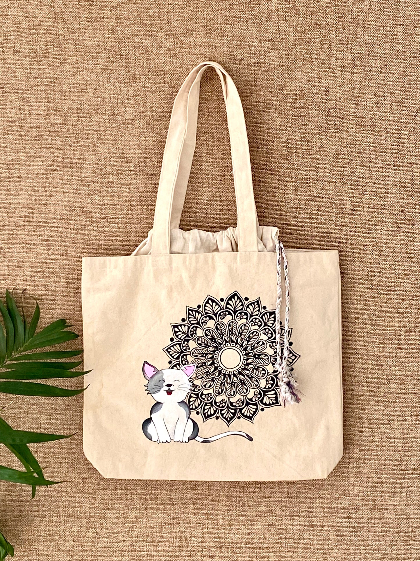 Handpainted balloon Tote Bag - Mandala Cat Design