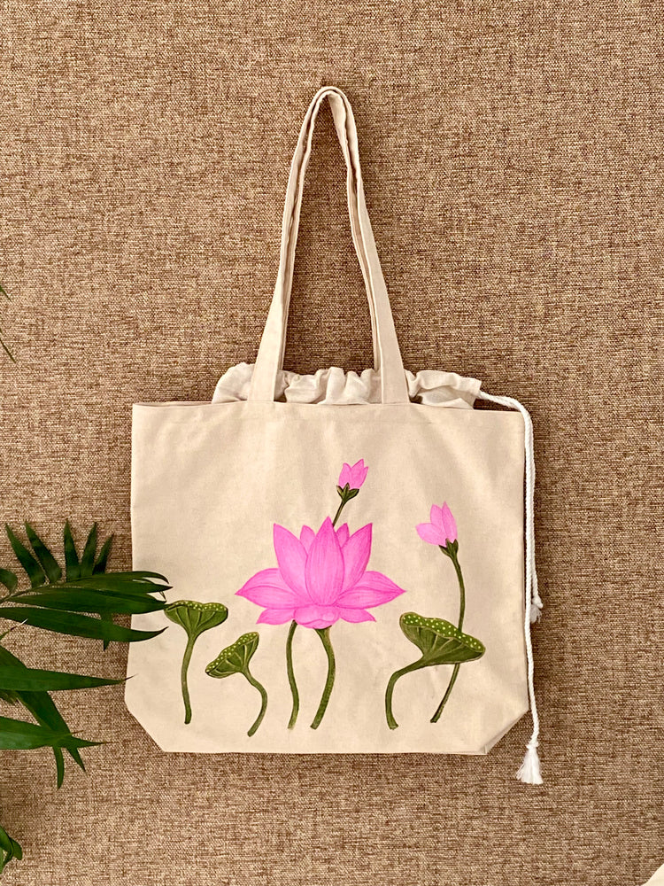 Handpainted Balloon Tote Bag- Pichwai Pink Lotus Design