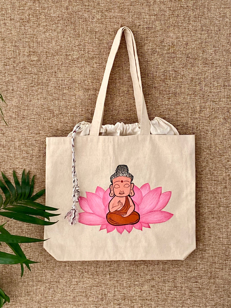 Handpainted Balloon Tote Bag - Budhha with Lotus Design