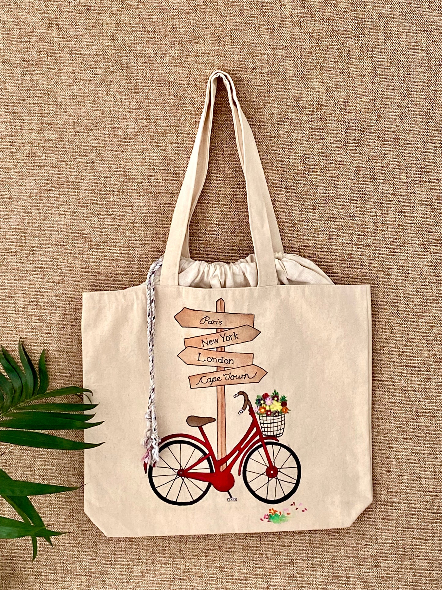 Handpainted Balloon Tote Bag- Bicycle With Flowers Design