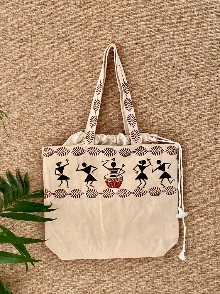 Handpainted Balloon Tote Bag- Warli Art Design With Mirror Work