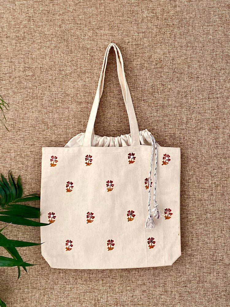 Handpainted Balloon Tote Bag- Floral Blockprint Design With Mirror Work