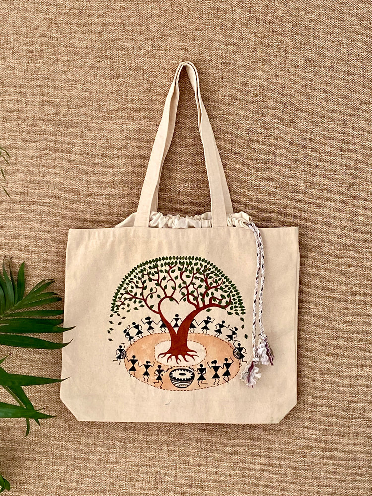 Handpainted Balloon Tote Bag- Warli Art Tree of Life Design