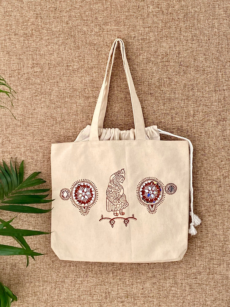 Handpainted Balloon Tote Bag - Blockprint With Mirror Work Design