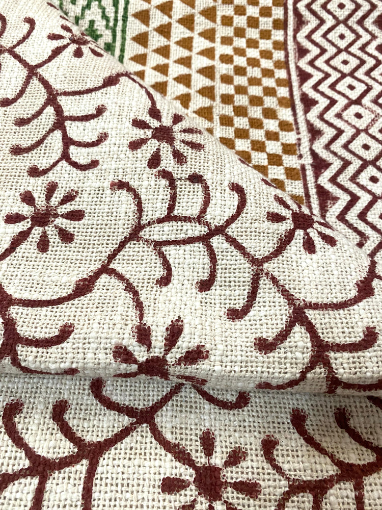 Hand Blockprinted Cotton Sofa Throws - Maroon floral - Green border