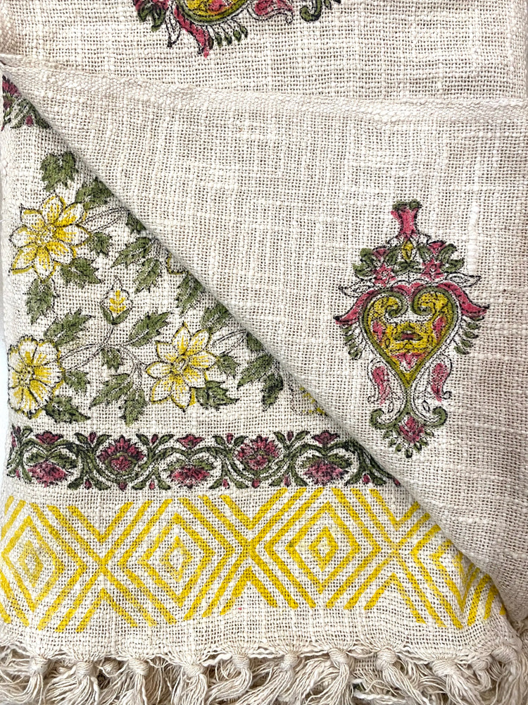 Hand Blockprinted Cotton Sofa Throws - Yellow & Pink Paan Motif