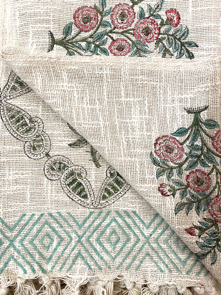 Hand Blockprinted Cotton Sofa Throws - Pink & Green Floral