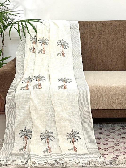 Hand blockprinted Cotton Sofa Throws-Palm tree and Deer