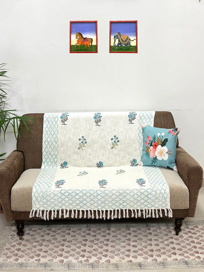 Hand blockprinted Cotton Sofa Throws-Sky Blue with Border