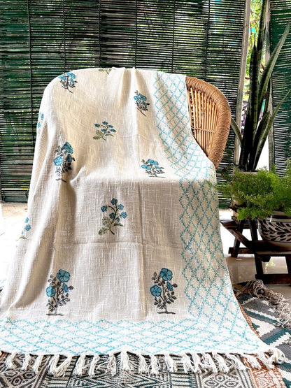 Hand blockprinted Cotton Sofa Throws-Sky Blue with Border