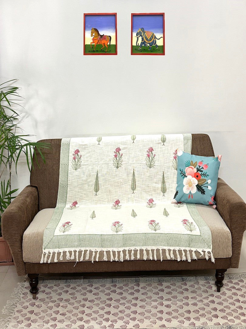 Hand blockprinted Cotton Sofa Throws-Pink Green Mughlai