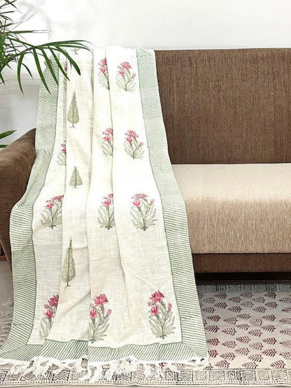 Hand blockprinted Cotton Sofa Throws-Pink Green Mughlai