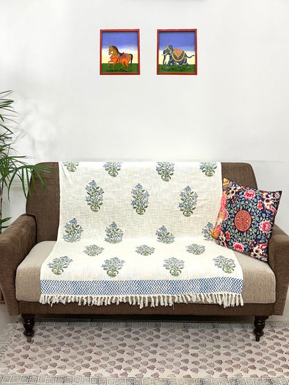 Hand blockprinted Cotton Sofa Throws-Blue Green Floral