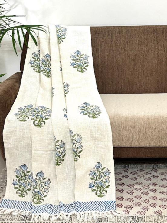 Hand blockprinted Cotton Sofa Throws-Blue Green Floral