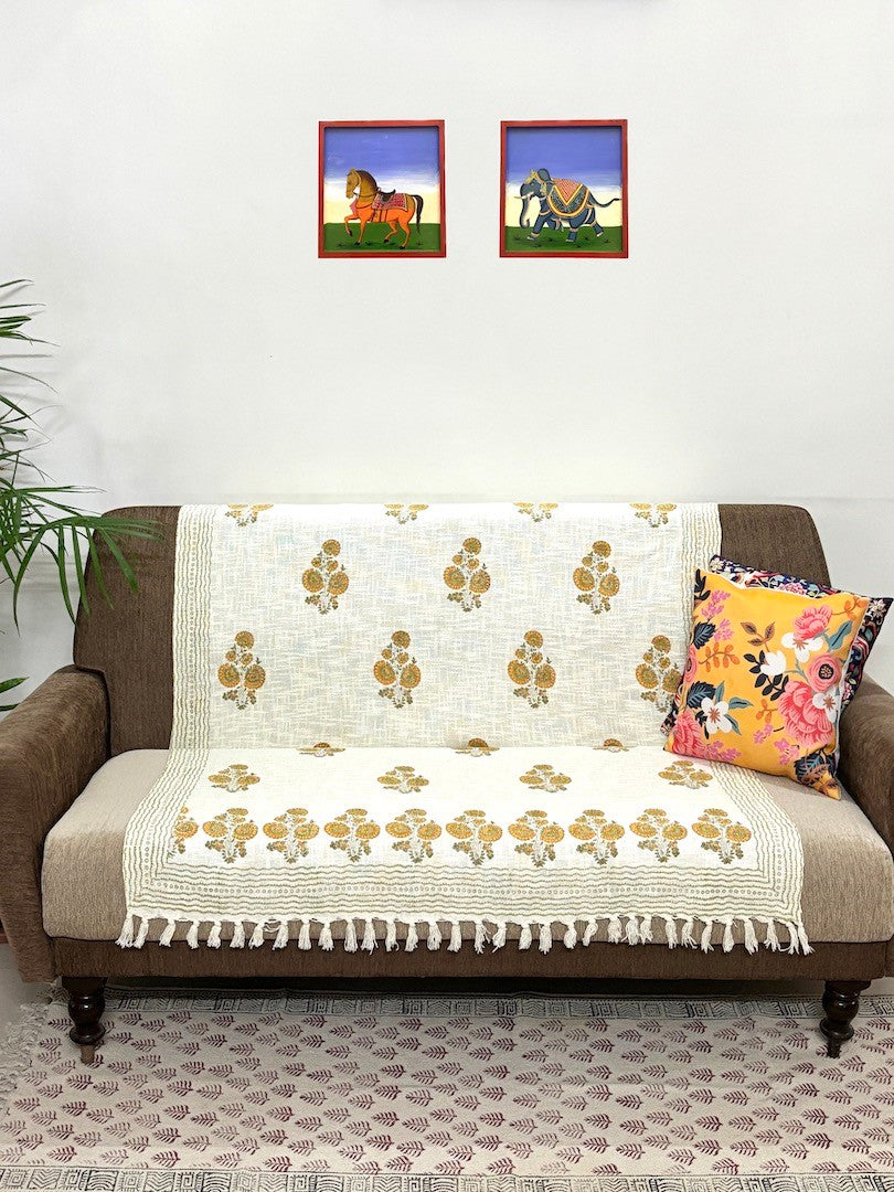 Hand blockprinted Cotton Sofa Throws-Mustard Yellow Floral