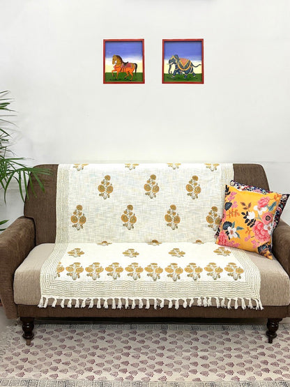 Hand blockprinted Cotton Sofa Throws-Mustard Yellow Floral