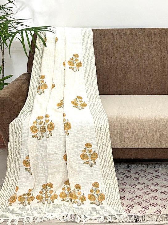 Hand blockprinted Cotton Sofa Throws-Mustard Yellow Floral