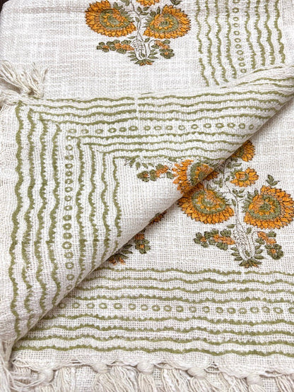 Hand blockprinted Cotton Sofa Throws-Mustard Yellow Floral