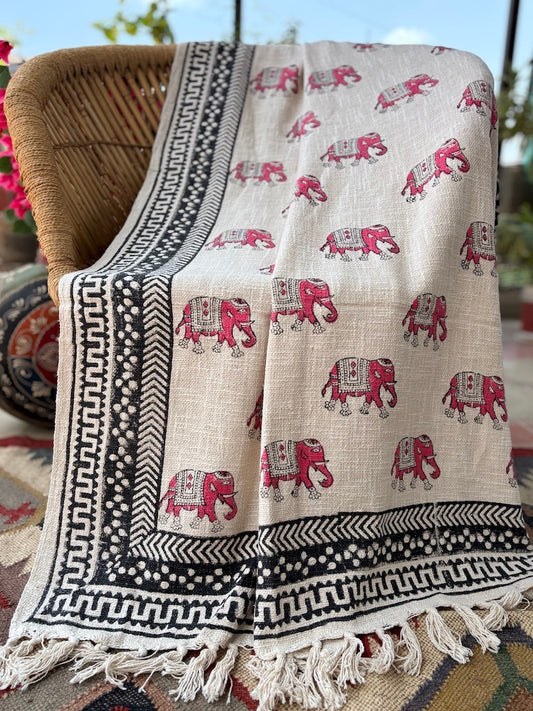 Hand block printed Cotton Sofa Throws-Pink Elephant design