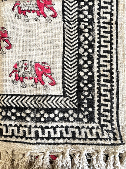 Hand block printed Cotton Sofa Throws-Pink Elephant design