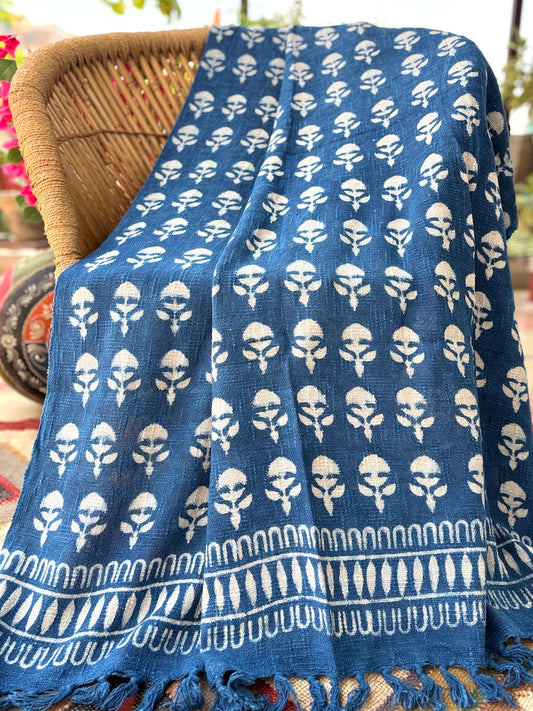 Hand block printed Cotton Sofa Throws-Indigo Floral
