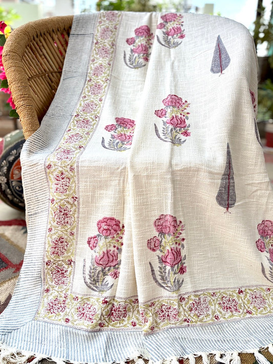 Hand blockprinted Cotton Sofa Throws-Pink Mughlai
