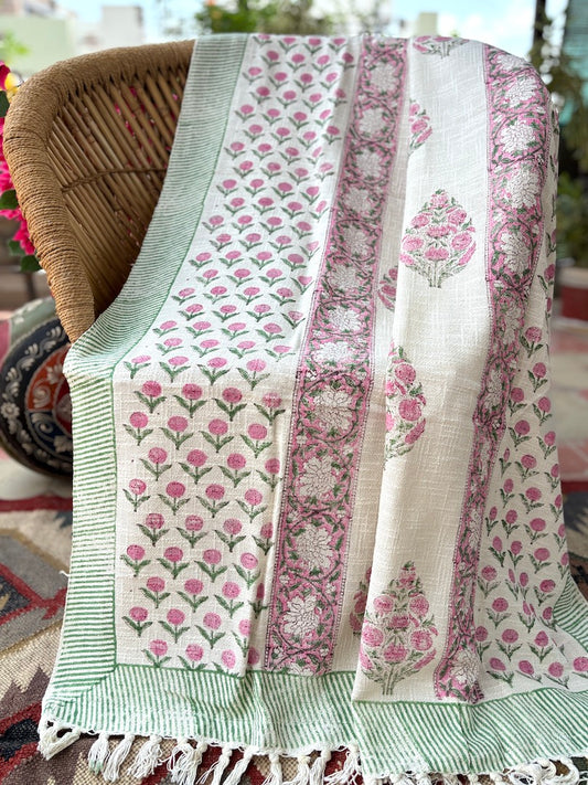 Hand block printed Cotton Sofa Throws-Pink Floral