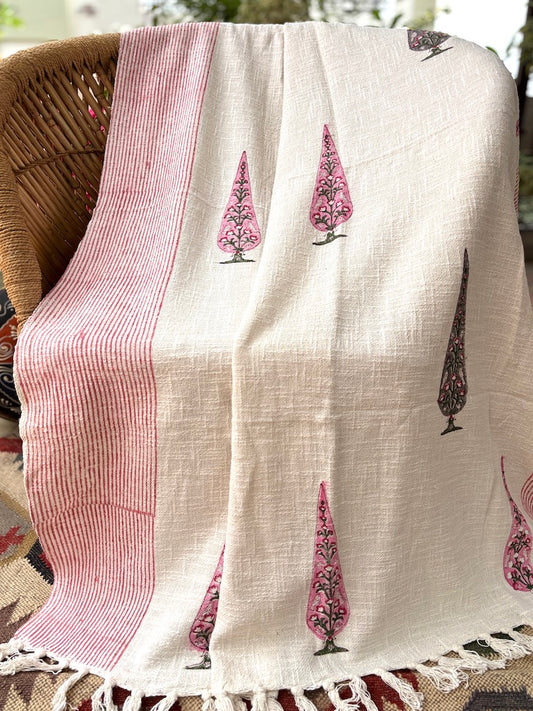 Hand block printed Cotton Sofa Throws-Pink Mughlai