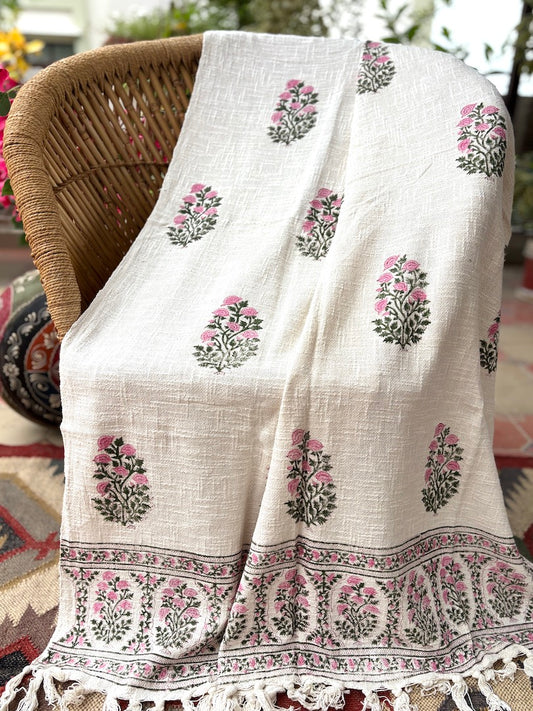 Hand blockprinted Cotton Sofa Throws-Pink Green Floral