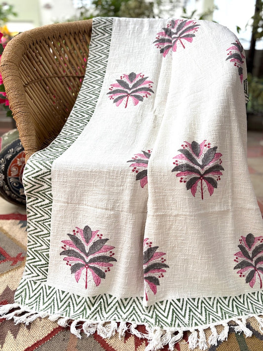 Hand block printed Cotton Sofa Throws-Pink Grey Floral