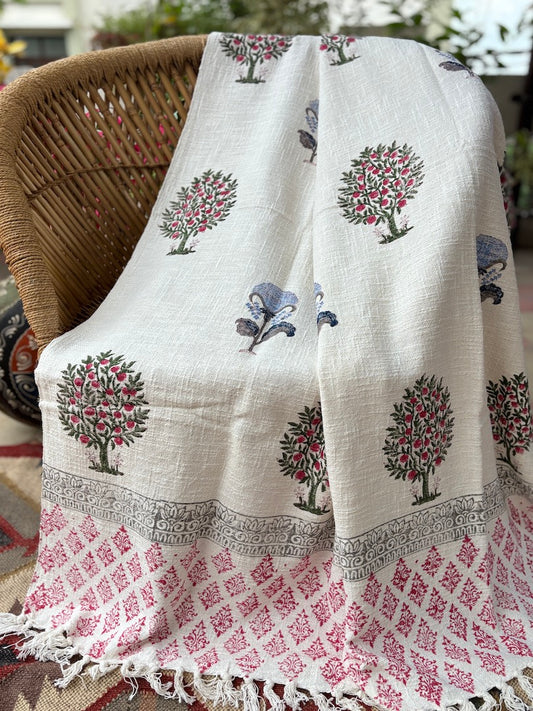 Hand block printed Cotton Sofa Throws-Pink Green Tree